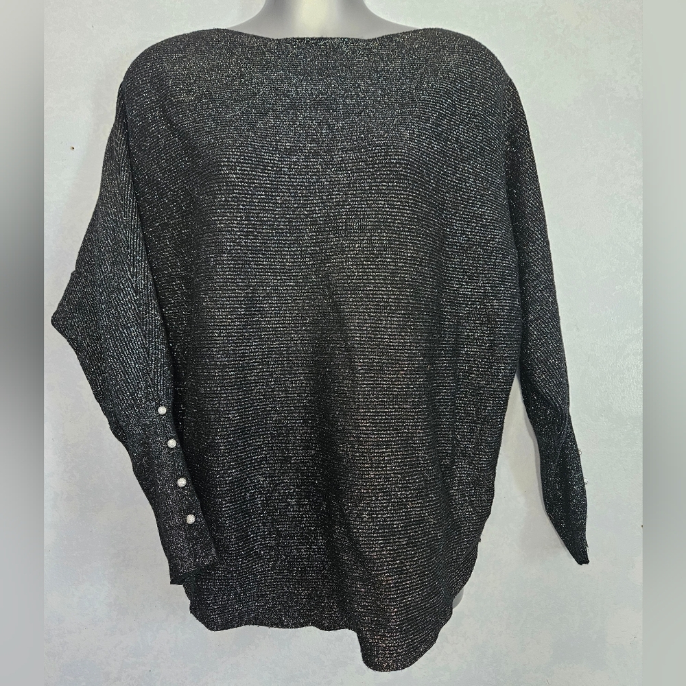 VILA MILANO Womens Black Metallic Shimmer Sweater Pearl Button Detail L